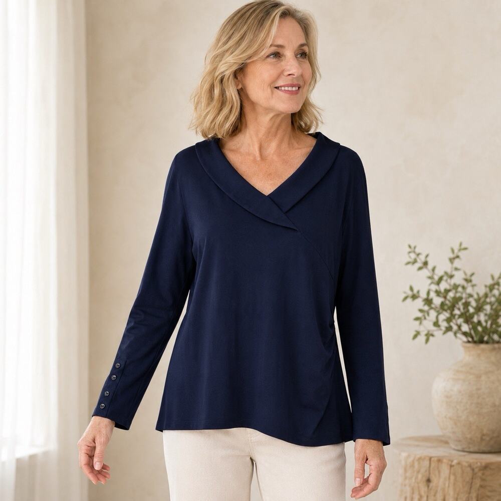 Clara Sunwoo V Neck Top Navy Blue Long Sleeve Button Cuffs Lagenlook 1X